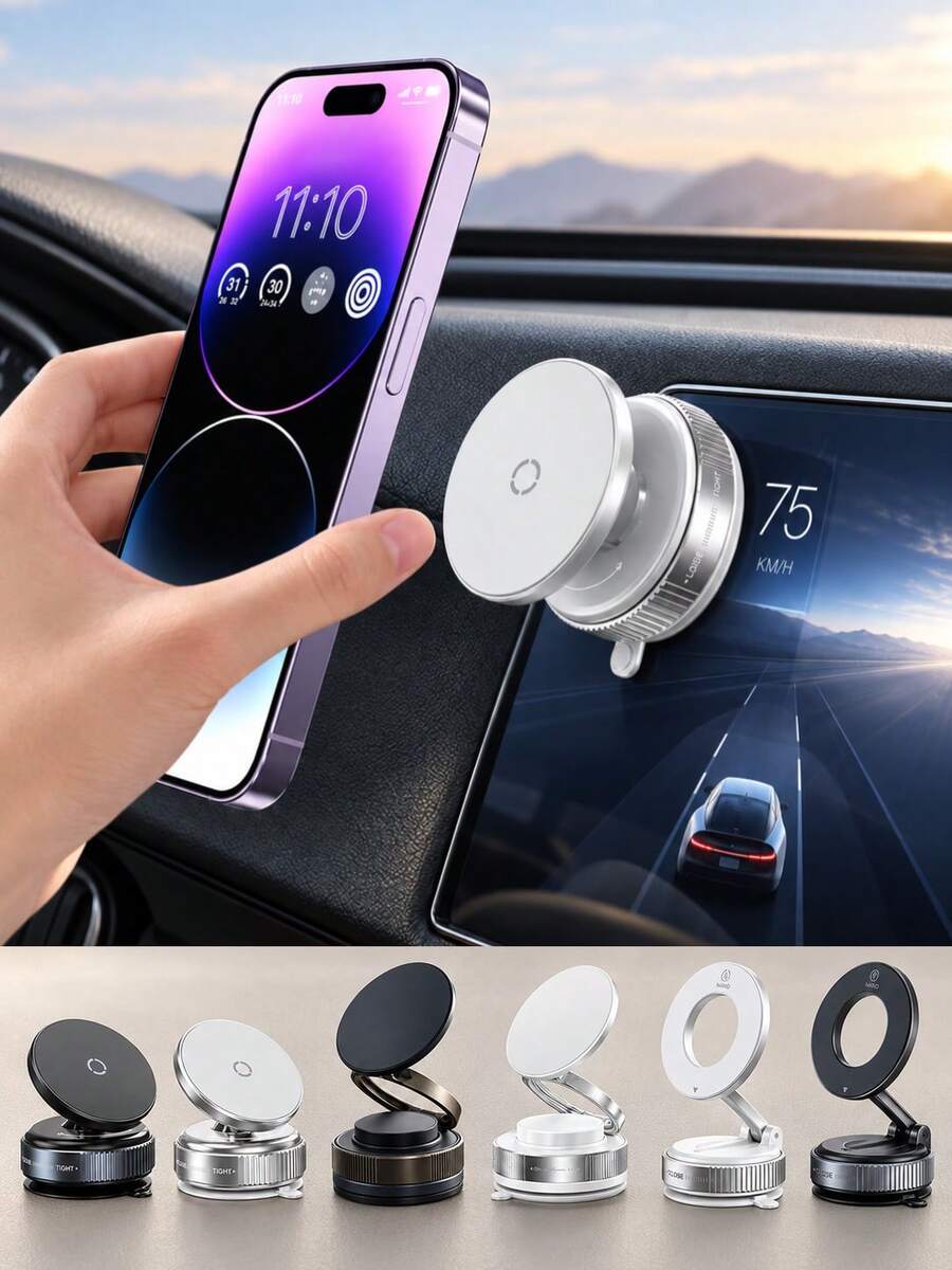Vacuum Magnetic Car Phone Holder, 360° Rotating Foldable Suction Cup Phone Mount, Adjustable Multi-Angle Magnetic Smartphone Stand With Rotating Locking Vacuum Base, Suitable For Car Dashboard, Office Desk And Smooth Surfaces, Hands-Free Navigation And Viewing