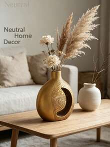 1 Golden Abstract Hollow Resin Vase, Radiating Textured Decorative Vase, Modern Bohemian Tabletop Home Decor, Suitable For Living Room, Hallway, Bedroom, And Dining Room Decoration, Perfect As A Housewarming Gift - Earthy Gold Moon Vase - View 4