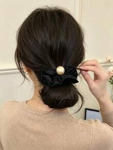 1pc Ruffle Edge Pearl Gentle Luxury Style Satin Fabric Scrunchie, Spring/Autumn High Elasticity Non-Damaging Simple Hair Tie - Multicolor - View 3