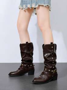 Women's Plus Size Pointed Toe Western Style Knee-High Boots, Star Metal Rivet Buckle Decor Slouchy High Shaft Boots, Chunky Square Low Heel Embroidered Tall Boots, Suitable For Daily Wear, Dating, Party, Autumn/Winter Outfits - Brown - View 1