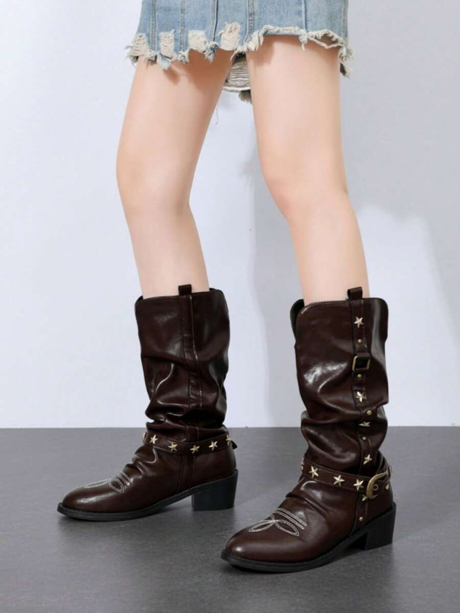 Women's Plus Size Pointed Toe Western Style Knee-High Boots, Star Metal Rivet Buckle Decor Slouchy High Shaft Boots, Chunky Square Low Heel Embroidered Tall Boots, Suitable For Daily Wear, Dating, Party, Autumn/Winter Outfits - Brown - View 1