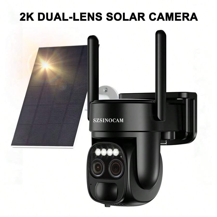 szsinocam 1pc Black 2K Dual Lens Solar Powered PTZ Outdoor Camera, 2.4G WiFi, 6000mAh Battery, Dual View Monitoring, Rotatable, Two-Way Audio, PIR Motion Alert, Full Color Night Vision, IP66 Wireless Camera
