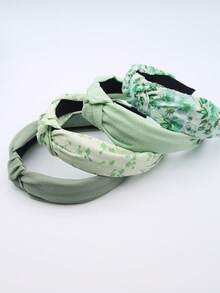 4pcs/Set Women's Green Floral Solid Color Fabric Wide Band Knot Headband, Elegant & Sweet, Suitable For Daily Wear - Green - View 4