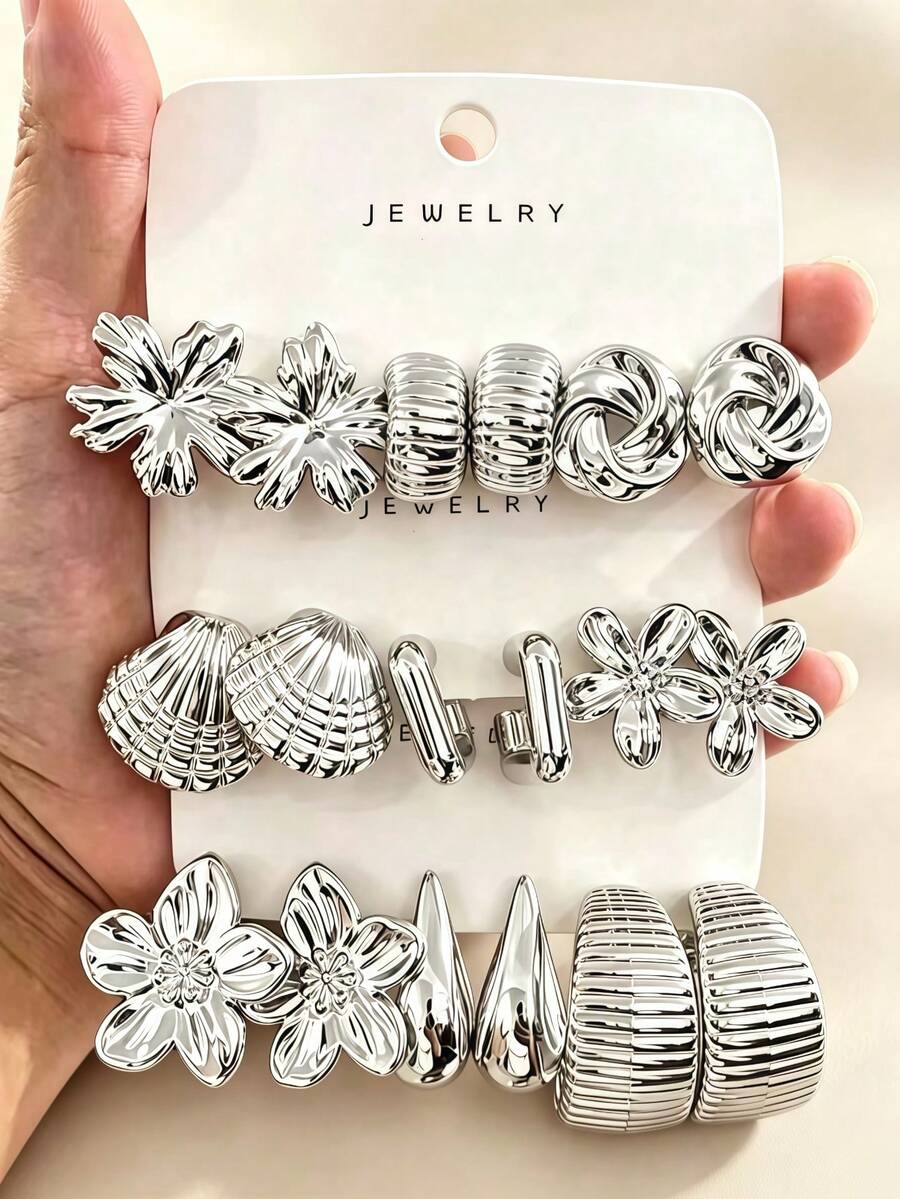 6-18pcs Silver Fashion Earrings Set, Stylish And Elegant, Suitable For Daily, Party And Event Occasions - Multicolor - View 1