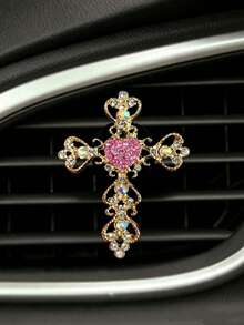 1pc Rhinestone Heart-Shaped Car Air Vent Perfume Bottle With Gold Rhinestone Cross Decoration - A - View 4