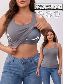 Plus Size 2-In-1 Ribbed Tank Top Built-In Molded Cup Racerback Cami For Women Fall Layering Daily - Grey - View 1