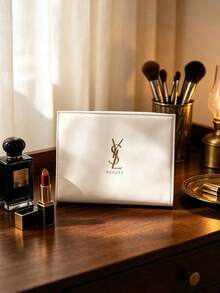 Yves Saint Laurent White PU Leather Cosmetic Storage Bag With Gold Brand Logo, Elegant And Exquisite Makeup Accessory Organizer, Perfect For Travel And Gifting - White - View 1