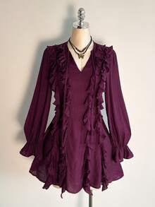 Rusttydustty Women's Vintage Ruffle Tie V-Neck Long Sleeve Short Dress - Purple - View 8