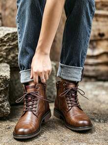 Men's Retro Brown Boots, British Style High-Top Lace-Up Work Boots, Wear-Resistant Non-Slip Business Casual Leather Boots - Brown - View 17