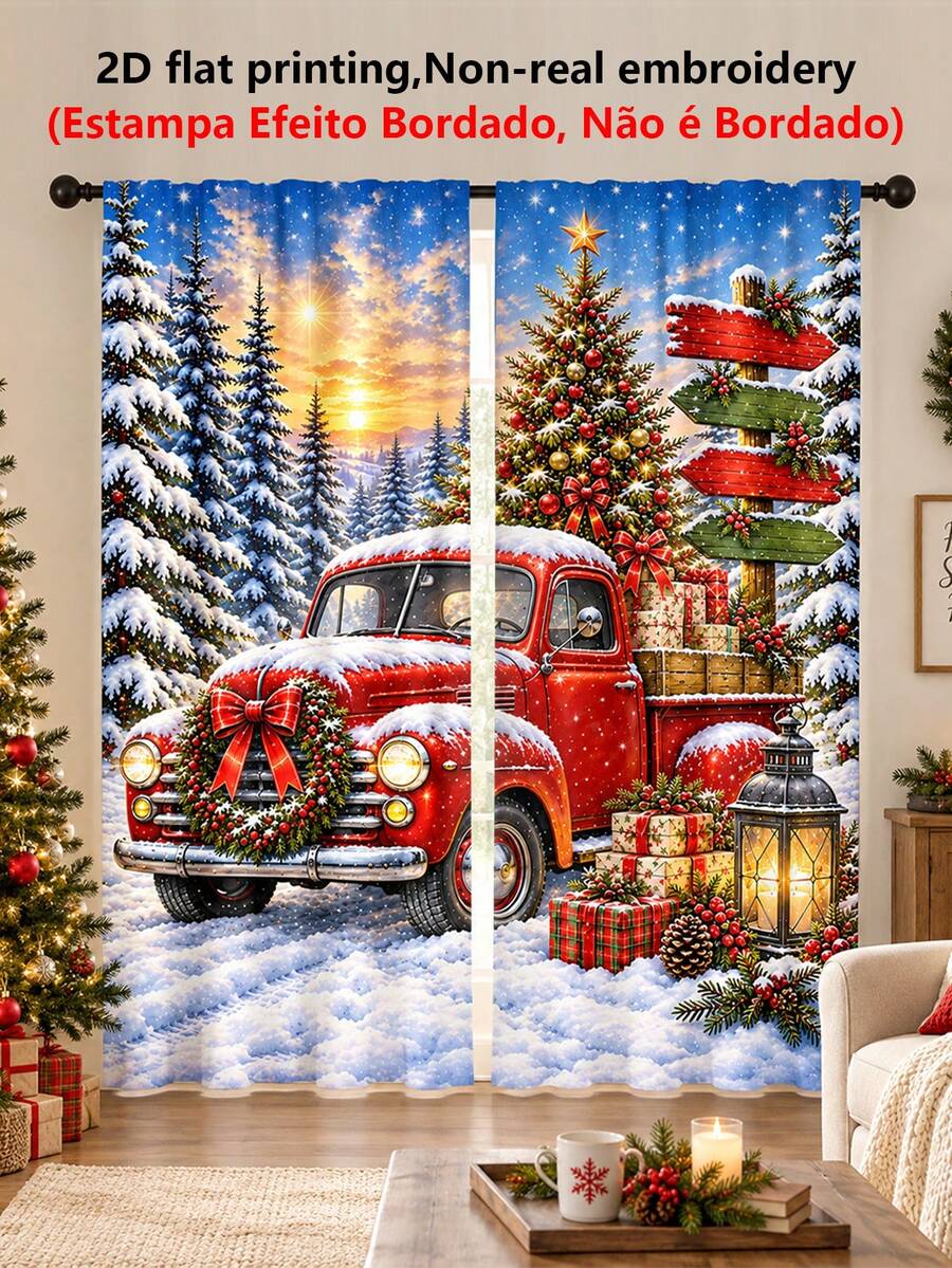 2Pcs American Winter Forest Truck Pine Branch Print Pattern, Vintage Cozy Semi-Sheer Rod Pocket Holiday Window Curtains, Suitable For Living Room And Bedroom, Rod Not Included, Machine Washable - G - View 1