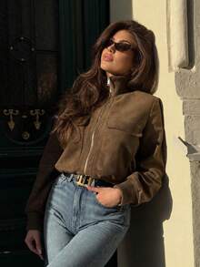 Women's Fashion Vintage Faux Suede Stand Collar Zip-Up Cardigan Field Jacket, 2026 Autumn Street Style Short Jacket With Pockets - Coffee Brown - View 4
