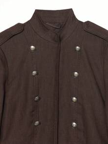 Women's Double-Breasted Napoleon Military Style Open Front Jacket - Chocolate Brown - View 6