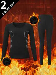 2pcs/Set Women's Warm Thermal Underwear Set, Round Neck Top + Pants, Winter Base Layer Innerwear - Black - View 1