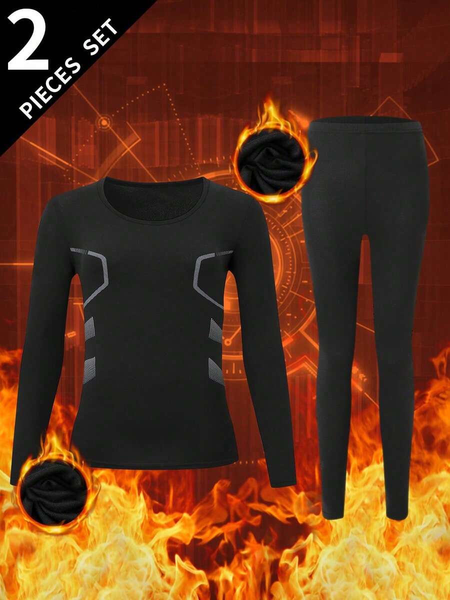 2pcs/Set Women's Warm Thermal Underwear Set, Round Neck Top + Pants, Winter Base Layer Innerwear - Black - View 1