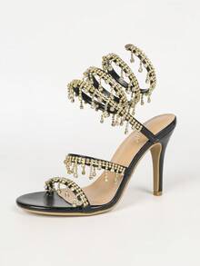 女款細高跟涼鞋，圓頭，時尚水鑽飾帶設計，蛇形纏繞，露趾，極簡基本款，適合春夏秋季 - 黑色 - 查看 16
