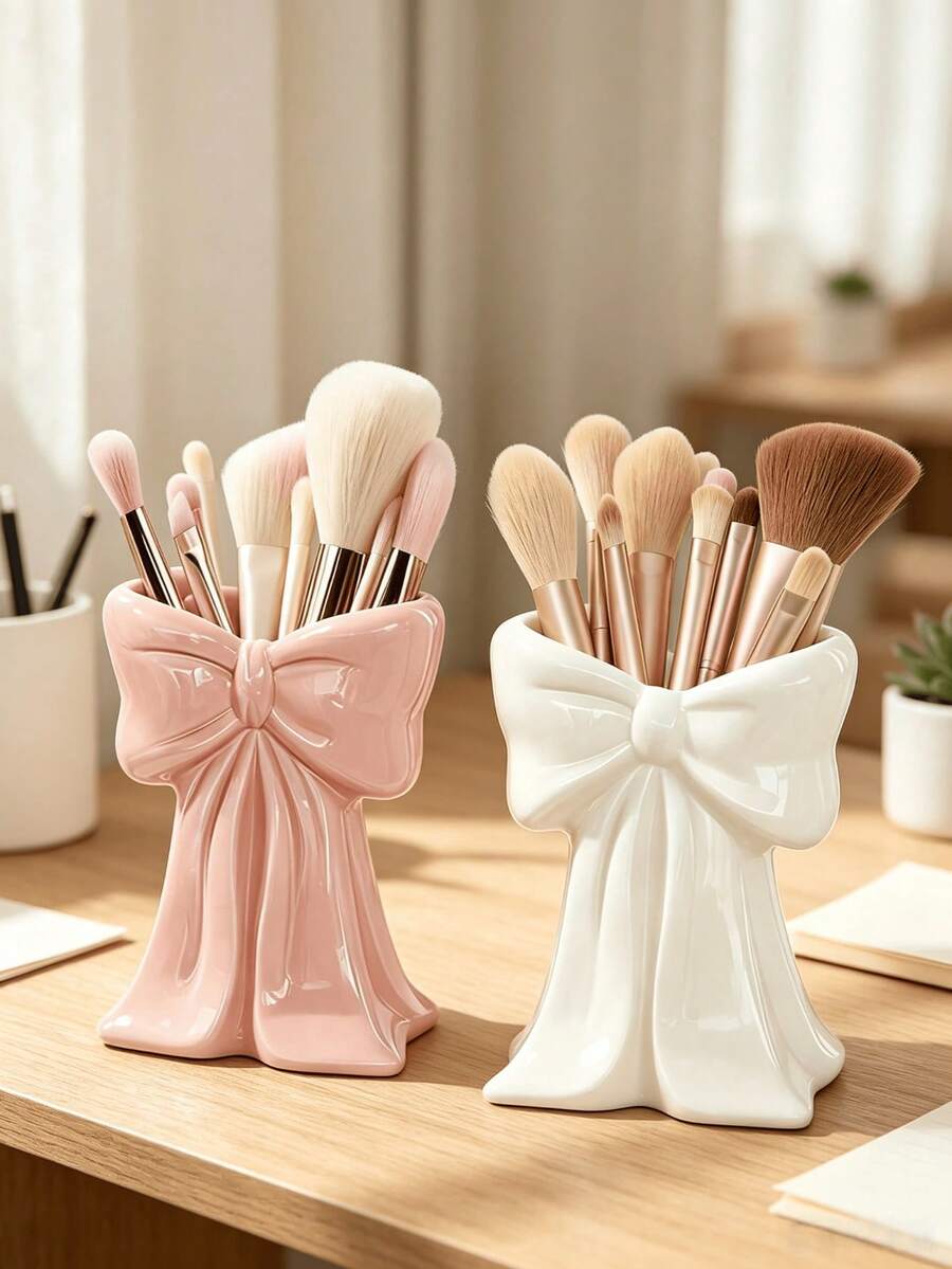 1pc Elegant Bow Design Makeup Brush Holder, Suitable For Vanity Tabletop, Cute Princess Style Cosmetic Storage Display Rack, Can Hold Brushes, Pencils, Lipsticks, Bedroom Bathroom Office Desk Decor Storage Bucket - Multi-color 2 - View 1