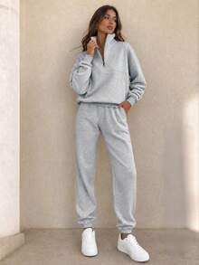 SUNSTORY Women's Autumn Light Gray Half-Zip Stand Collar Drop Shoulder Sweatshirt + Elastic Waist Cuffed Sweatpants Casual Sports Two Pieces Set - Grey - View 4