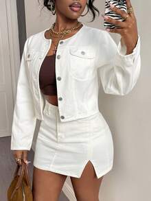 Women's White Round Neck Short Denim Jacket (Jacket Only), Faux Pocket Decoration Single-Breasted Long Sleeve Autumn New Versatile Jacket Top - White - View 5