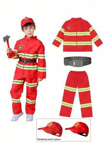 4pcs/Set Fire Chief Role-Playing Costume Set With Realistic Accessories, Firefighter Outfit Suitable For Children Aged 3+ Years - Multicolor - View 12