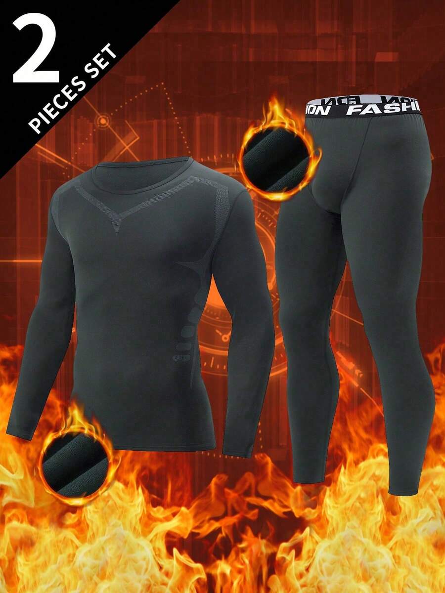 2pcs Men's Thermal Compression Set, Ski Thermal Set, Compression Top And Pants, Men's Fitness Sports Leggings + Shirt - Dark Grey - View 1