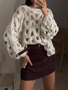 Women's Round Neck Long Sleeve Knitted Sweater, Hollow-Out Openwork Design, Medium Stretch Regular Fit Pullover For Fall Outfits - White - View 3