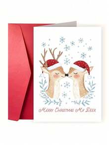 OBOVAY 1pc Cute Christmas Reindeer Greeting Card With Santa Hats, Merry Christmas My Deer Holiday Card, Gift Card For Husband, Wife And Couples - View 1