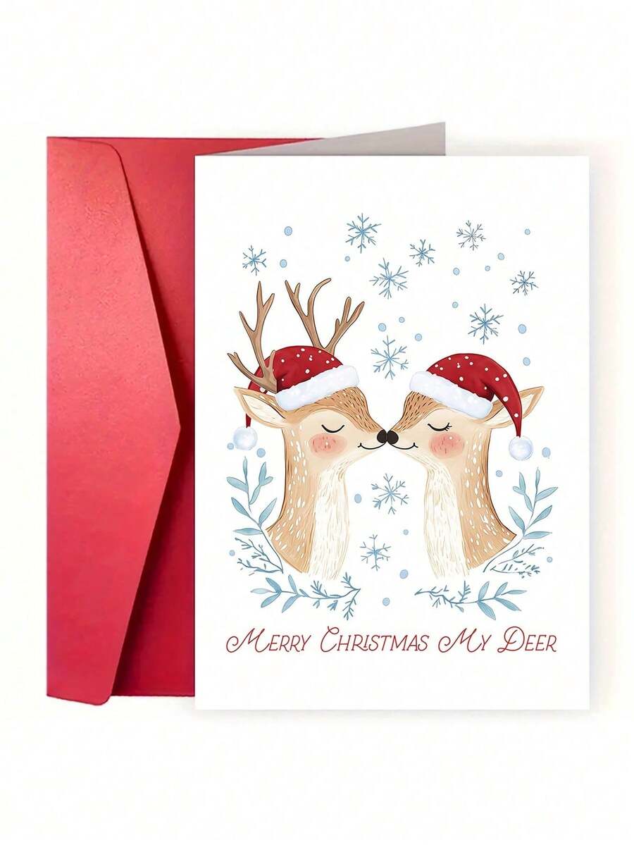 OBOVAY 1pc Cute Christmas Reindeer Greeting Card With Santa Hats, Merry Christmas My Deer Holiday Card, Gift Card For Husband, Wife And Couples - View 1