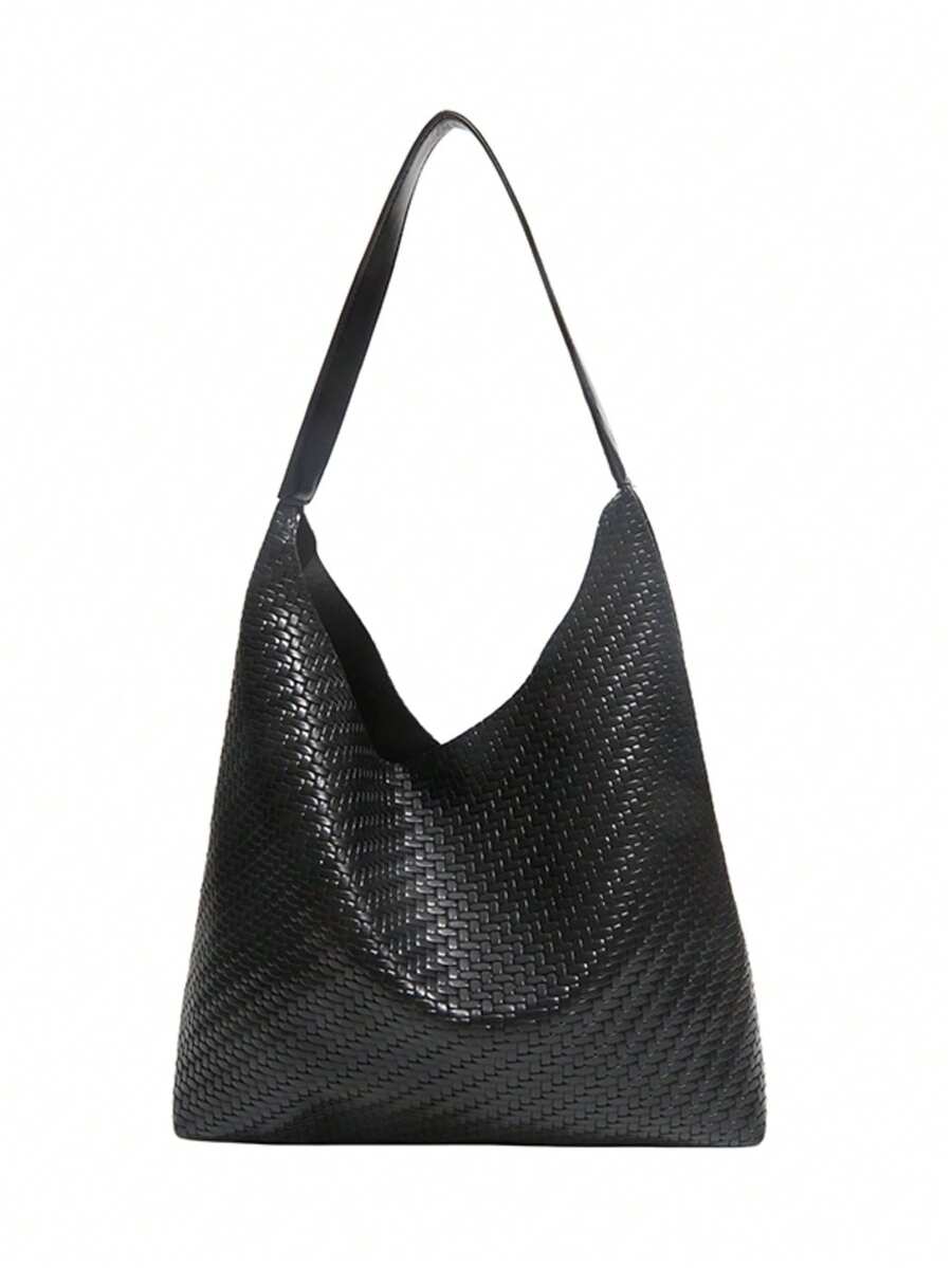 Men's Woven Texture Tote Bag, Large Capacity Minimalist Commuter Shoulder Bag, Casual Vintage Soft Leather Handbag For Daily Travel