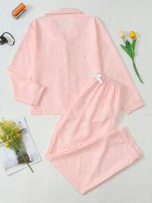 2pcs Daisy Print Pajama Set, Sweet And Cute Lapel Button Long Sleeve Top And Pants, Women's Sleepwear And Loungewear Suitable For Home Use - Pink - View 2
