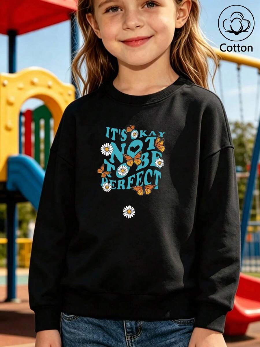 Kids Casual Crewneck Sweatshirt With Letter Print, Daisy & Butterfly Motifs, Long Sleeve Pullover For Spring Autumn Daily Wear - Black - View 1