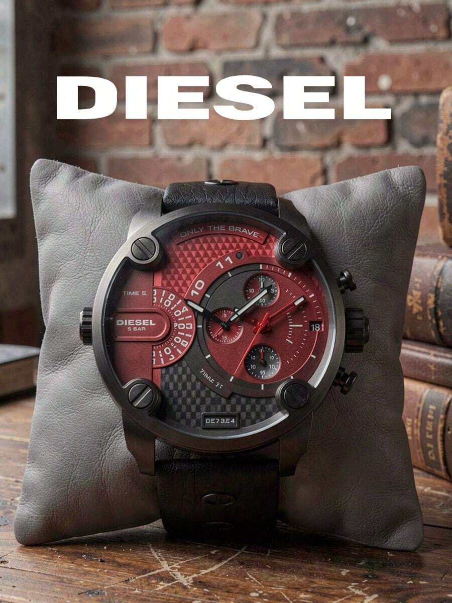 Diesel DZ7334 Men Daily Casual Watch|57MM Black‑Tone Case,Red‑Black Split Dial,Strap,Date Window,5BAR Water‑Resistant For Daily & Street Outfit - Black - View 1