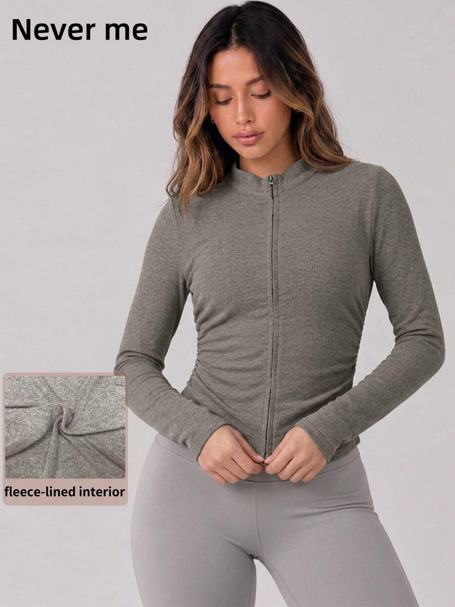 Never me Women's Sports Top With Stand Collar, Two-Way Zipper, Ruched Waist, Ribbed Long Sleeve, Slim Fit Yoga Fitness Jacket - Grey - View 1
