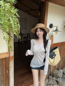 Polka Dot Tie-Front Long Sleeve T-Shirt Slim Fit Mesh Top - White - View 2