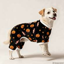 Opjoys 1pc Halloween Pumpkin Candy Star Print Dog Jumpsuit, Soft Cute Healing Style Skin-Friendly Knitted Four-Legged Design Round Neck Ribbed Cuff Warm Belly Protection Anti-Shedding Pet Home Wear Spring Autumn Daily - Black - View 5