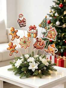 9pcs/Set Hiasan Meja Bentuk Manusia Kue Jahe Natal, Hiasan Tengah Meja Bentuk Kereta Santa, Rumah Kue Jahe, Pohon Natal, Dekorasi Meja Pesta Natal Musim Dingin - A - View 3