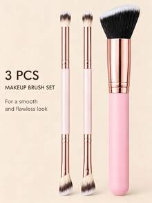 3-Piece Makeup Brush Set: Includes Dual-Ended Eyeshadow/Detail Brush And Angled Face Brush; Soft Synthetic Bristles, Suitable For Blending, Concealing, Contouring And Blushing; Pink And Rose Gold Color Scheme Makeup Tools. - Multicolor - View 10