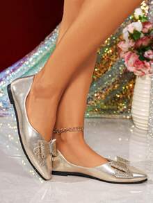 Women's Elegant Versatile Bow Pointed Toe Thin Sole Flat Shoes - Gold - View 4