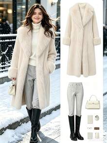 Women's Elegant Faux Fur Collar Jacket, Winter White - White - View 1