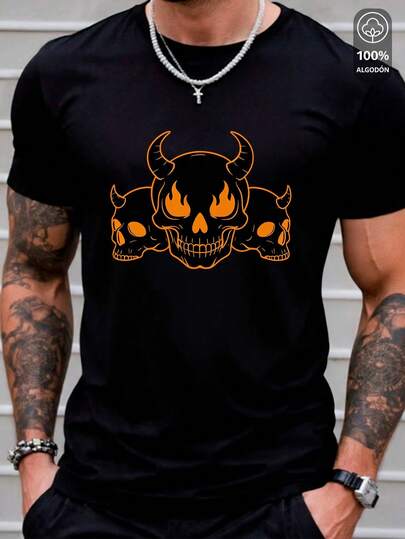 King T-shirt Camiseta de Caballero 100% Algodón Manga Corta Cuello Redondo con Estampado de Trío de Calaveras Demoníacas con Cuernos y Ojos en Llamas en el Pecho