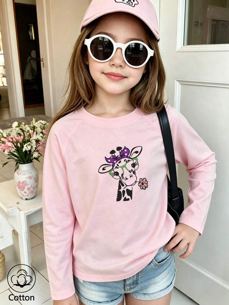 Girls' Long Sleeve T-Shirt, Loose Round Neck With Cartoon Giraffe Print & Flower Decor, Pink Base For Spring Daily Wear - Baby Pink - View 1