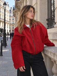 Chaqueta corta oversize con cremallera y estampado de cuadros rojos para mujer, prenda de abrigo de otoño - Rojo - Ver 2
