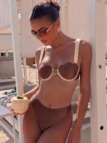 HaiiMeid Women's Elegant Vacation Shell Cup Contrast Trim Thin Wire Swimwear, Summer Beach Brown - Brown - View 3