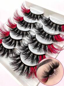 1 Pc Red Fluffy Faux Mink Eyelashes, Colored Tips, 20mm Dramatic Long Thick Cat Eye Fox Eye Lashes, Voluminous Curly Colored Faux Mink Long False Eyelashes, Russian Strip D Curl Lashes, Suitable For Christmas - View 4