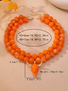 OABE 2pcs/Set Western Cowboy Style Orange Sphere Beaded Handmade Necklace With Orange Bull Head Pendant, Suitable For Women's Daily Wear - Orange - View 4