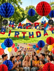 Spider Theme Happy Birthday Banner + Honeycomb Ball Set - Cartoon Party Decoration, Fun Animal Design Paper Bunting, Suitable For Birthday And Theme Party Decor - Blue and Red Version - View 5