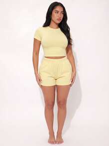 2pcs Women's Solid Color Round Neck Short Sleeve Top And Shorts Casual Set - Yellow - View 8