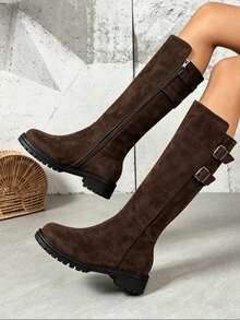1 Pair Women's Vintage Thick Sole Riding Boots, Autumn/Winter Buckle Side Zipper Tall Boots - Coffee Brown - View 1