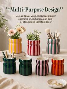 1 قطعة وعاء تخزين سيراميك مخطط، حامل أدوات المطبخ، منظم أدوات المائدة، نمط مخطط متعدد الألوان، مناسب لتخزين المطبخ، تنظيم أدوات المائدة، ديكور المنزل، مستلزمات العودة إلى المدرسة، هدايا العطلات - مشاهدة 7