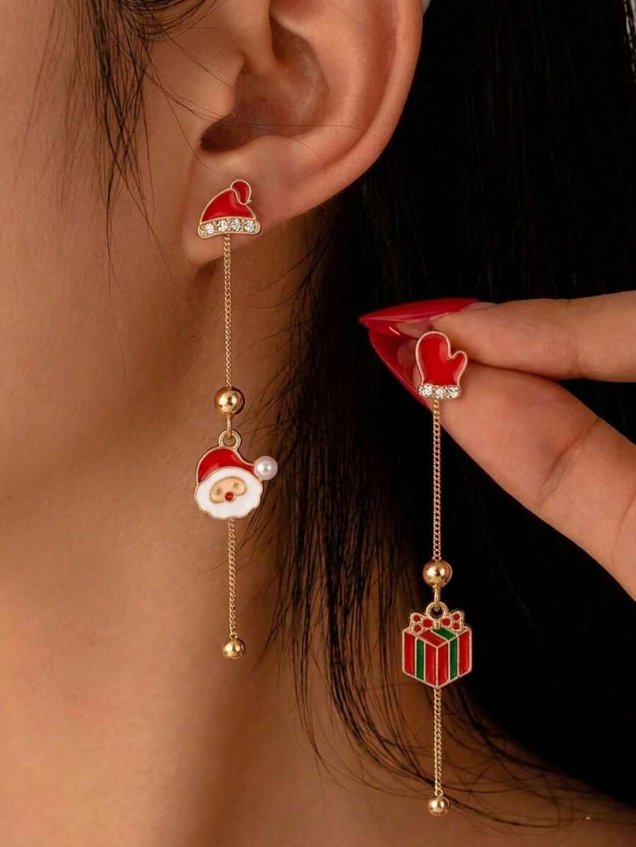 1 Pair Christmas Tree Snowflake Star Pendant Earrings, Women's Gold Plated Enamel Dangle Earrings, Holiday Party Gift - Multicolor - View 1