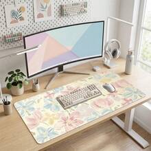 1pc Extended Mouse Pad With Brushstroke Watercolor Floral Design, Soft Pink Blue Creamy Watercolor Floral Desk Mat, Waterproof Anti-Slip Keyboard Pad, Girls Desk Decor - Flower 2 - View 2